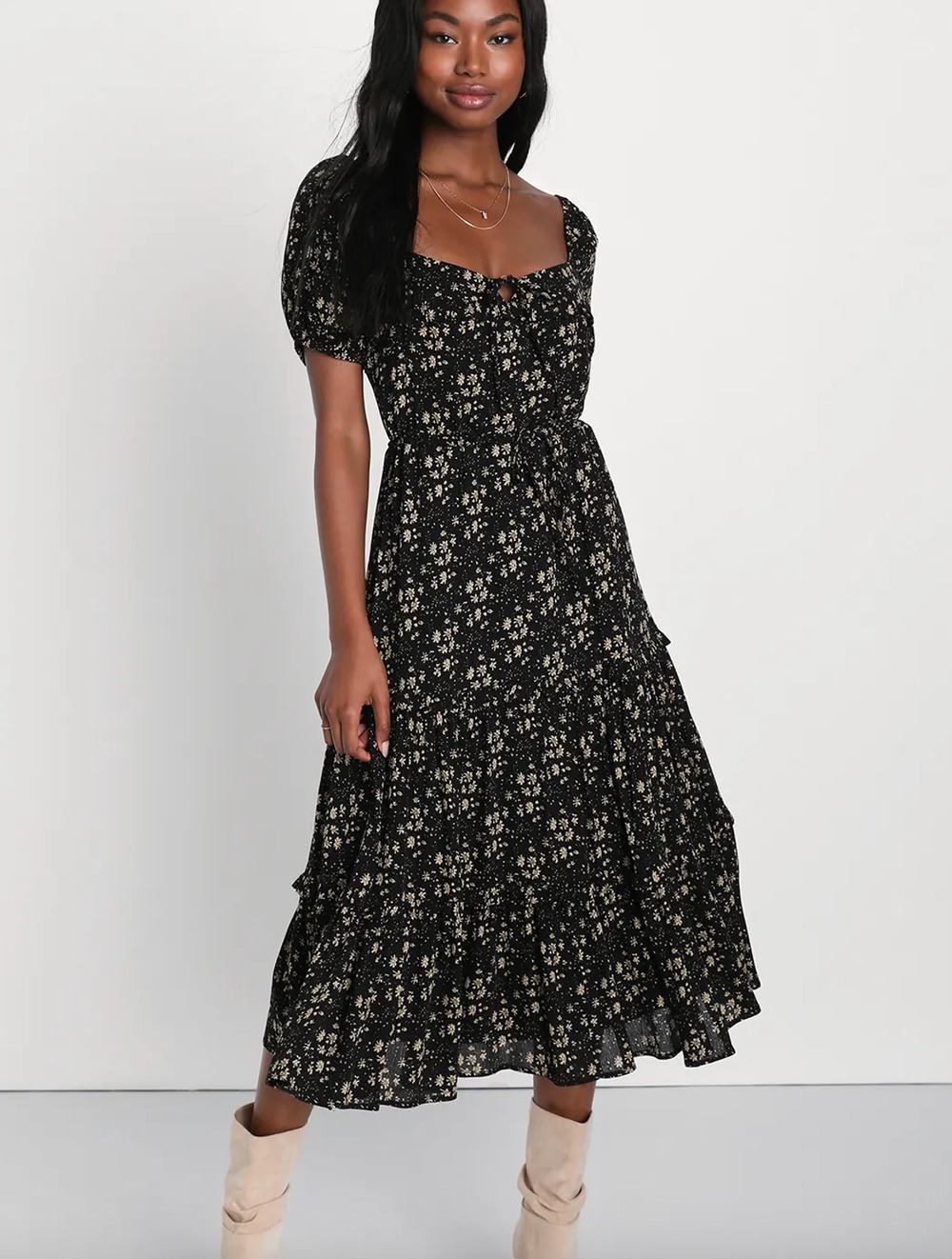 Lulus Adorable Ideal Floral Tiered Ruffled Midi Dress Womens XL Milkmaid Cottage